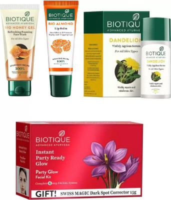 

BIOTIQUE BIO PARTY GLOW FACIAL KIT, Dandelion Ageless Lightening Serum, Honey Refreshing Foaming Face Wash, LIP CARE(Set of 4)