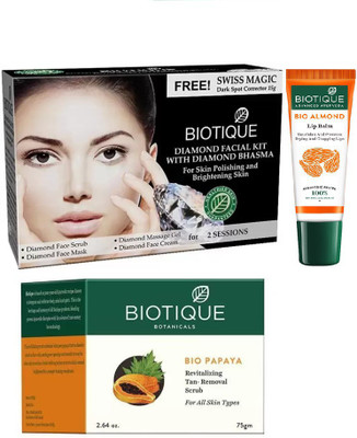 

BIOTIQUE BIO Diamond Facial Kit, Bio Papaya Revitalizing Tan Removal Scrub , lip care(Set of 3)