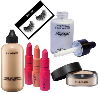 

jenney Eyelashes&Mac Face&Body Foundation&Mac Losse Powder&Mac Prep+Prime Highlight Skin Base Visge&Mac Gambattisa Vali Lipstick(pack of 3)(Set of 7)