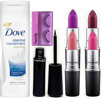 

fancify combo Eyelashes With matte finish Lipstick Mac (Pack Of 4) & Liquid last Eyeliner & Dove Essential Nourishment Body lotion(set of 7)(Set of 7)