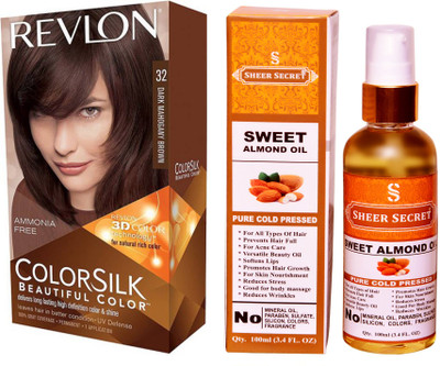 

SHEER SECRET SWEET ALMOND OIL 100 ML (PURE COLD PRESSED) with REVLON HAIR COLOUR DARK MAHOGANY BROWN 32(Set of 2)