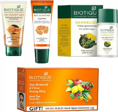 

BIOTIQUE BIO anti-tan facial kit, Dandelion Ageless Lightening Serum, Honey Oil Refreshing Foaming Face Wash, LIP BALM(Set of 4)