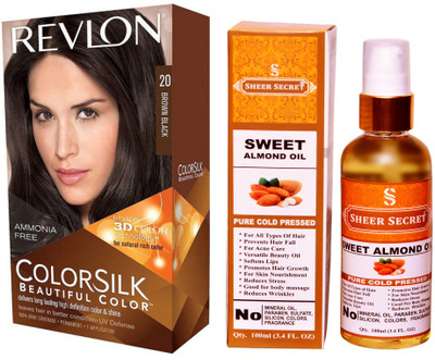 

SHEER SECRET SWEET ALMOND OIL 100 ML (PURE COLD PRESSED) with REVLON HAIR COLOUR BROWN BLACK 20(Set of 2)