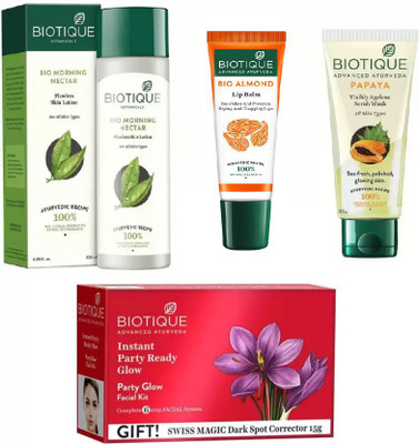 

BIOTIQUE BIO PARTY GLOW FACIAL KIT, Morning Nectar Flawless Skin Moisturizer, papaya face wash, LIP CARE(Set of 4)