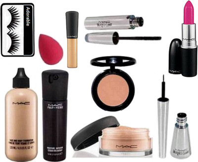 

Adorable Eyelashes,mac face and body foundation, mac concealer, prep+prime moisture serum, Loose Powder,mac lipstick, brooke candy eyeliner and mascara, Bobbi Brown Corrector and Sponge Puff (Set of 10)(Set of 10)
