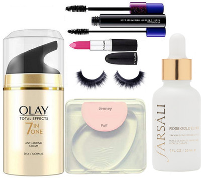

jenney Silicon Puff&Olay Total Effects 7In One&Mac Heuty Naghtuy Mascara&Mac Pink Lipstick&Eyelashes&Farsali Face Serum(Set of 6)