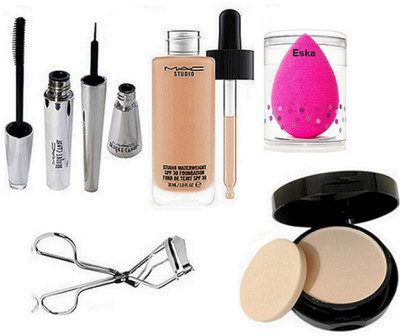 

eska Sponge puff, MAC studio water weight foundation & Compact & eyelashes curler & Brooke candy eyeliner & mascara(Set of 6)