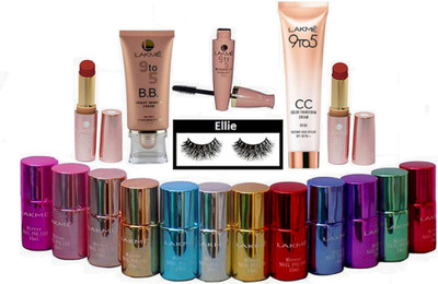 

ellie Eyelashes,Lakme Mirror Nail Paint(pack of 12) With 9to5 Primer matte Lipstick(Pack Of 2),CC Cream,BB Cream,Mascara(Set of 18)