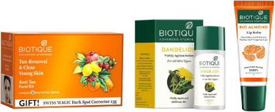 

BIOTIQUE BIO anti-tan facial kit, Dandelion Ageless Lightening Serum, LIP CARE(Set of 3)