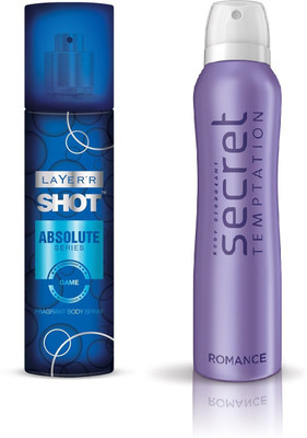 

Layer Shot Absolute GAME 1pc. & S. Temptation ROMANCE 1pc. Pack of 2 Deodorant Spray - For Men & Women(285 ml, Pack of 2)