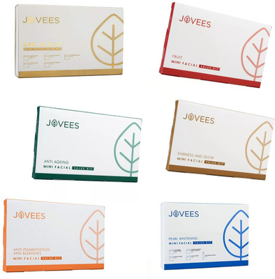 

Jovees 24k Gold, Fruit, Anti Ageing, Fairness and Glow, Anti Pigmentation and Blemishes & Pearl Whitening, Mini Facial Value Kit.(Six Flavour) 375 g(Set of 6)