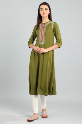 Aurelia Women Embroidered Flared Kurta(Green)