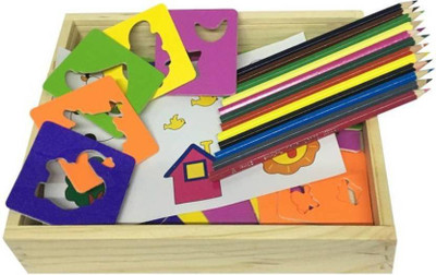 

Authfort Wooden Drawing Stencils Art Set for Kids with 30 Shapes Awesome Kit & Lightweight Travel Activity for Children with Wooden Box(Multicolor)