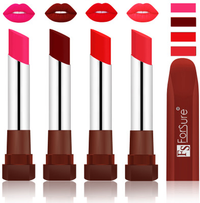 

Forsure New & Improved Stylish Matte English Lipsticks(Ruby Red, Dark Maroon, Romantic Red, Peach)