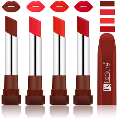 

Forsure New & Improved Stylish Matte English Lipsticks(Maroon, Peach, Beach Nude, Bright Red)