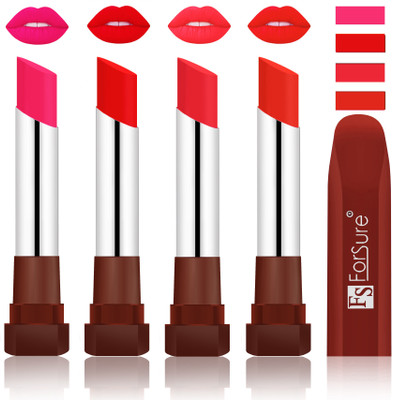 

Forsure New & Improved Stylish Matte English Lipsticks(Ruby Red, Romantic Red, Peach, Beach Nude)