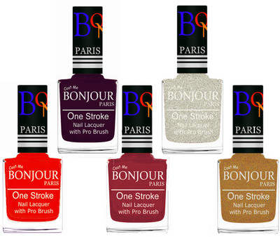 

Bonjour Paris Stylish Nail Polish Set of 5 Pcs 01-02-03-38-43 Orange-Plum-Maroon-Glitter White-Golden Shimmer(Pack of 5)