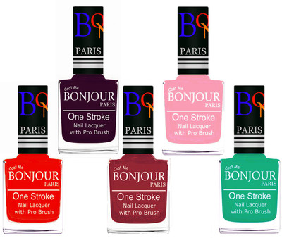 

Bonjour Paris Stylish Nail Polish Set of 5 Pcs 01-02-03-30-44 Orange-Plum-Maroon-Baby Pink-Pink,Green(Pack of 5)