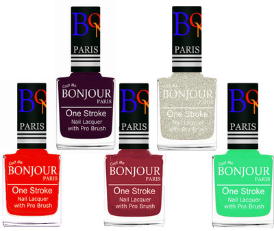 

Bonjour Paris Stylish Nail Polish Set of 5 Pcs 01-02-03-38-47 Orange-Plum-Maroon-Glitter White-Neon Green(Pack of 5)