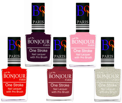 

Bonjour Paris Stylish Nail Polish Set of 5 Pcs 01-02-03-30-38 Orange-Plum-Maroon-Baby Pink-Glitter White(Pack of 5)