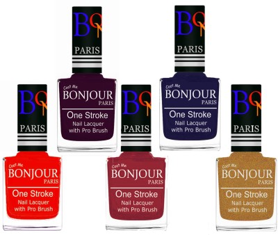 

Bonjour Paris Stylish Nail Polish Set of 5 Pcs 01-02-03-29-43 Orange-Plum-Maroon-Blue-Golden Shimmer(Pack of 5)