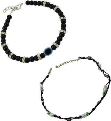 HIGH TRENDZ Evil Eye Bead And Black Thread Single Anklets Combo Pack Fabric, Glass Anklet(Pack of 2)
