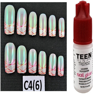 

Ear Lobe & Accessories Round Tip Full Cover Glossy Nails With Glue 12 Pcs C4(6) Multicolour(Pack of 12)
