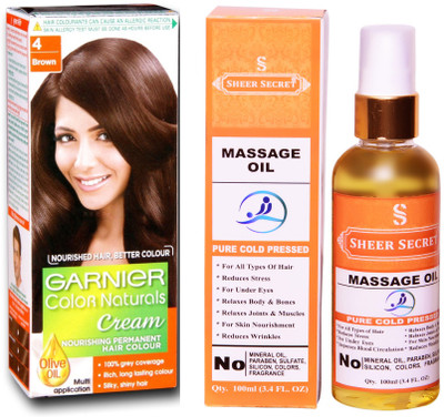 

SHEER SECRET MASSAGE OIL 100 ML (PURE COLDPRESSED) and HAIR COLOUR BOX NATURAL BROWN NO. 4(Set of 2)
