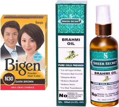

SHEER SECRET BRAHMI OIL 100 ML (PURE COLDPRESSED) and HAIR COLOUR DARK BROWN N30(Set of 2)