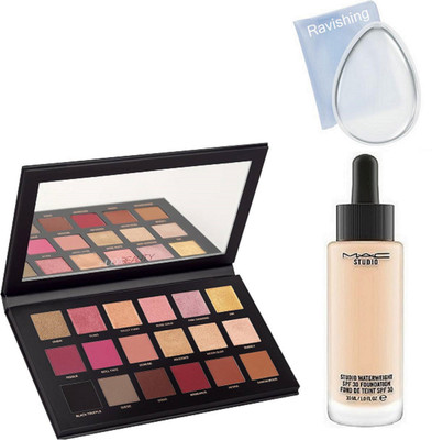 

ravishing silicone puff, MAC studio water weight foundation & Huda 18 sets eye shadow palette(Set of 3)