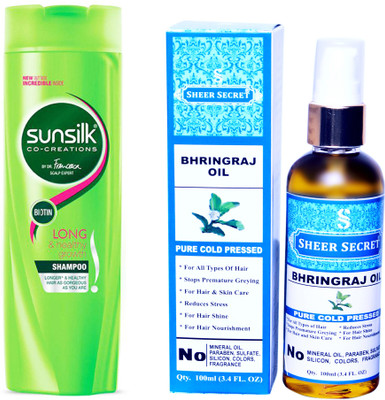 

SHEER SECRET BHRINGRAJ OIL 100ML (PURE COLD PRESSED) and SUNSILK 180 ML LONG AND HEALTHY GROWTH SHAMPOO(Set of 2)
