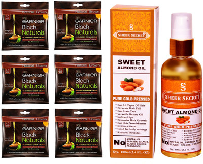 

SHEER SECRET SWEET ALMOND OIL 100 ML (PURE COLDPRESSED) and HAIR COLOUR 6 SACHET NATURAL BROWN NO. 4(Set of 2)