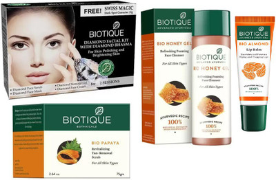 

BIOTIQUE BIO Diamond Facial Kit, Bio Papaya Revitalizing Tan Removal Scrub, Bio Honey Gel Refreshing Foaming Face Cleanser For All Skin Types, lip care(Set of 4)
