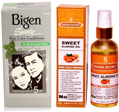 

SHEER SECRET SWEET ALMOND OIL 100 ML (PURE COLDPRESSED) and SPEEDY HAIR COLOUR BROWNISH BLACK NO. 882(Set of 2)