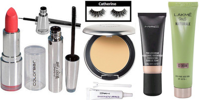 

catherine eyelashes, eyeliner and mascara, studio perfect compact, foundation, lipstick, lakme 9to5 natural cc cream with eyelashes glue(Set of 8)