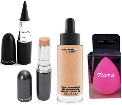 

tiara Sponge Puff, Mac Contra Stick Concealer, Studio Water weight Foundation,Stick kajal(Set of 4)