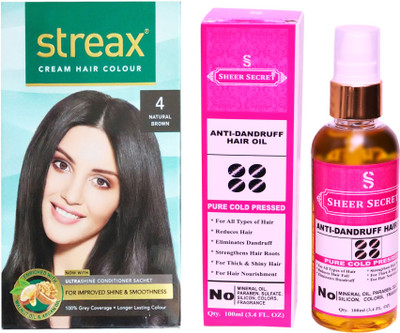 

SHEER SECRET ANTI DANDRUFF OIL 100 ML (PURE COLDPRESSED) and STREAX COLOUR REGULAR NATURAL BROWN NO. 4(Set of 2)