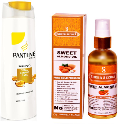 

SHEER SECRET ALMOND OIL 100ML (PURE COLD PRESSED) and PANTENE TOTAL DAMAGE CARE SHAMPOO 340 ML(Set of 2)