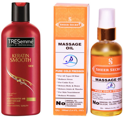 

SHEER SECRET MASSAGE OIL 100ML (PURE COLD PRESSED) and TRESEMME 190 ML KERATIN SMOOTH SHAMPOO(Set of 2)