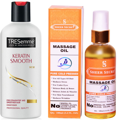 

SHEER SECRET MASSAGE OIL 100ML (PURE COLD PRESSED) and TRESEMME 190 ML KERATIN SMOOTH CONDITIONER(Set of 2)