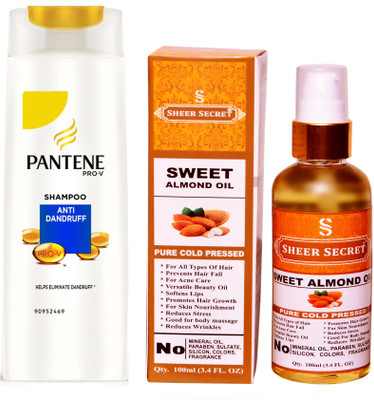 

SHEER SECRET ALMOND OIL 100ML (PURE COLD PRESSED) and PANTENE ANTI DANDRUFF SHAMPOO 340 ML(Set of 2)