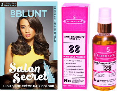 

SHEER SECRET ANTI DANDRUFF OIL 100 ML (PURE COLDPRESSED) and HAIR COLOUR CHOCOLATE DARK BROWN NO. 3(Set of 2)