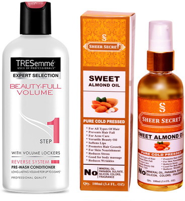 

SHEER SECRET SWEET ALMOND OIL 100ML (PURE COLD PRESSED) and 190 ML BEAUTIFULL VOLUME CONDITIONER(Set of 2)