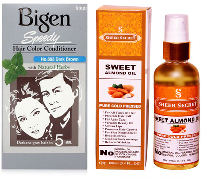 

SHEER SECRET SWEET ALMOND OIL 100 ML (PURE COLDPRESSED) and SPEEDY HAIR COLOUR DARK BROWN NO. 883(Set of 2)