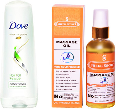 

SHEER SECRET MASSAGE OIL 100ML (PURE COLD PRESSED) and DOVE 180 ML HAIRFALL RESCUE CONDITIONER(Set of 2)