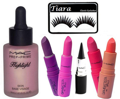

tiara Eyelashes , Prep+Prime Highlighter , Lipstick Pack Of 4 , Stick kajal(Set of 7)