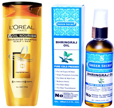 

SHEER SECRET BHRINGRAJ OIL 100 ML (PURE COLDPRESSED) and 6 OIL NOURISH SHAMPOO 175ML(Set of 2)