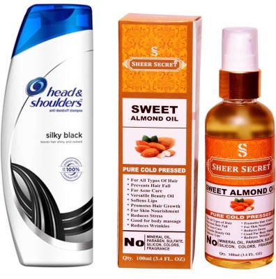 

SHEER SECRET SWEET ALMOND OIL 100ML (PURE COLD PRESSED) and HEAD & SHOULDERS 180 ML SILKY BLACK SHAMPOO(Set of 2)