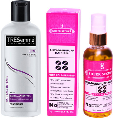 

SHEER SECRET ANTI DANDRUFF OIL 100ML (PURE COLD PRESSED) and TRESEMME 190 ML HAIR FALL DEFENCE CONDITIONER(Set of 2)