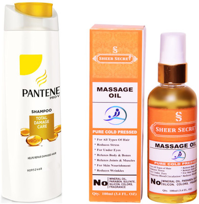 

SHEER SECRET MASSAGE OIL 100ML (PURE COLD PRESSED) and PANTENE TOTAL DAMAGE CARE SHAMPOO 340 ML(Set of 2)